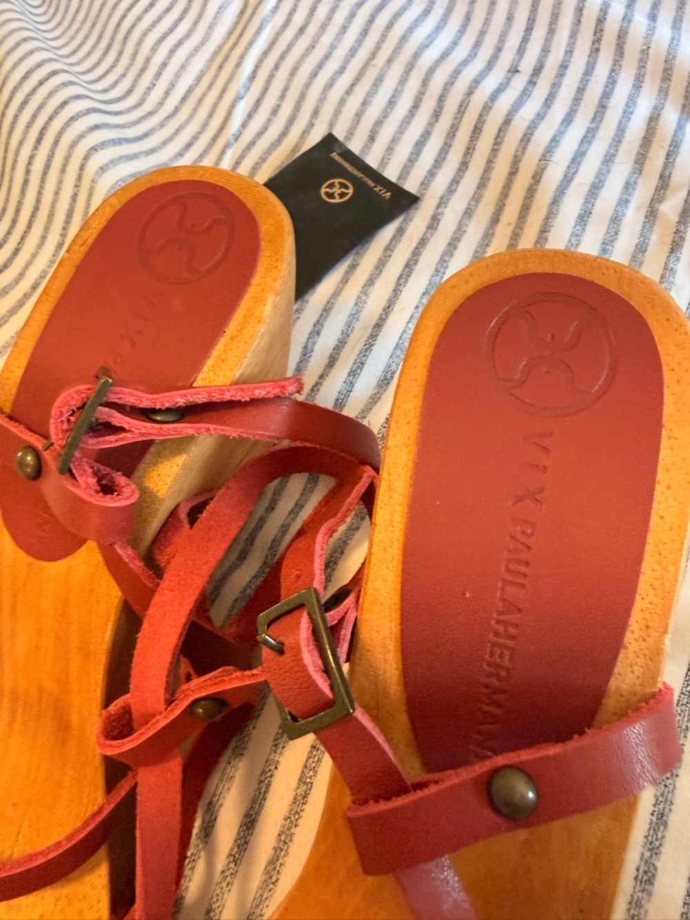 VIX Paula Hermanny Juliana Sandal Sz 9 Watermelon Leather Wood Platform Clog - Picture 9 of 10